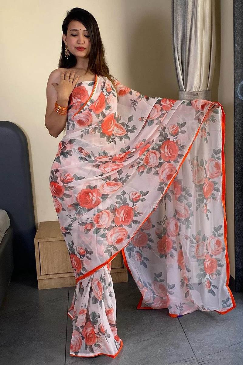 Elegant 1 Minute Ready To Wear White Georgette Floral Digital Printed Saree