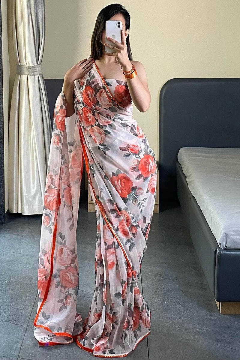 Elegant 1 Minute Ready To Wear White Georgette Floral Digital Printed Saree