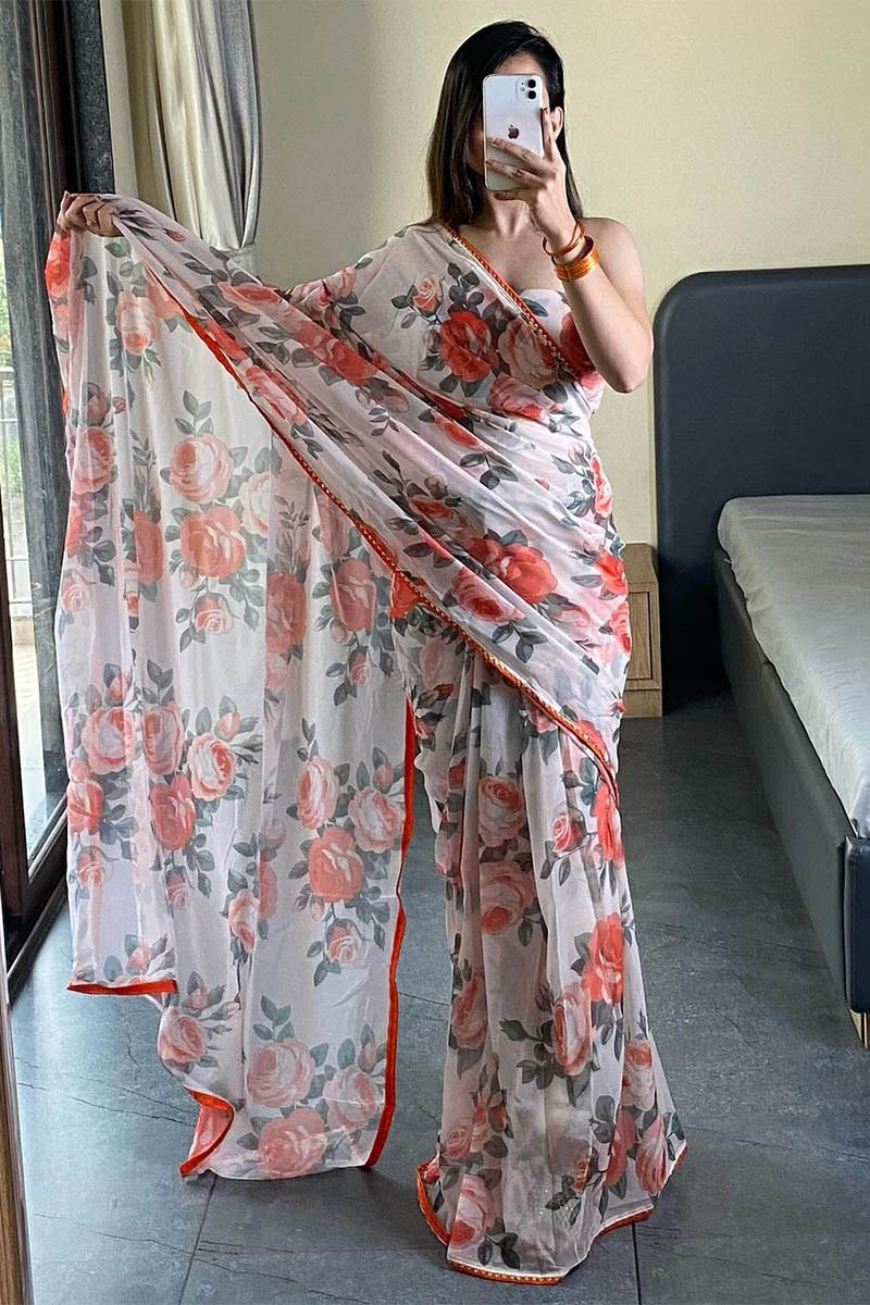 Elegant 1 Minute Ready To Wear White Georgette Floral Digital Printed Saree