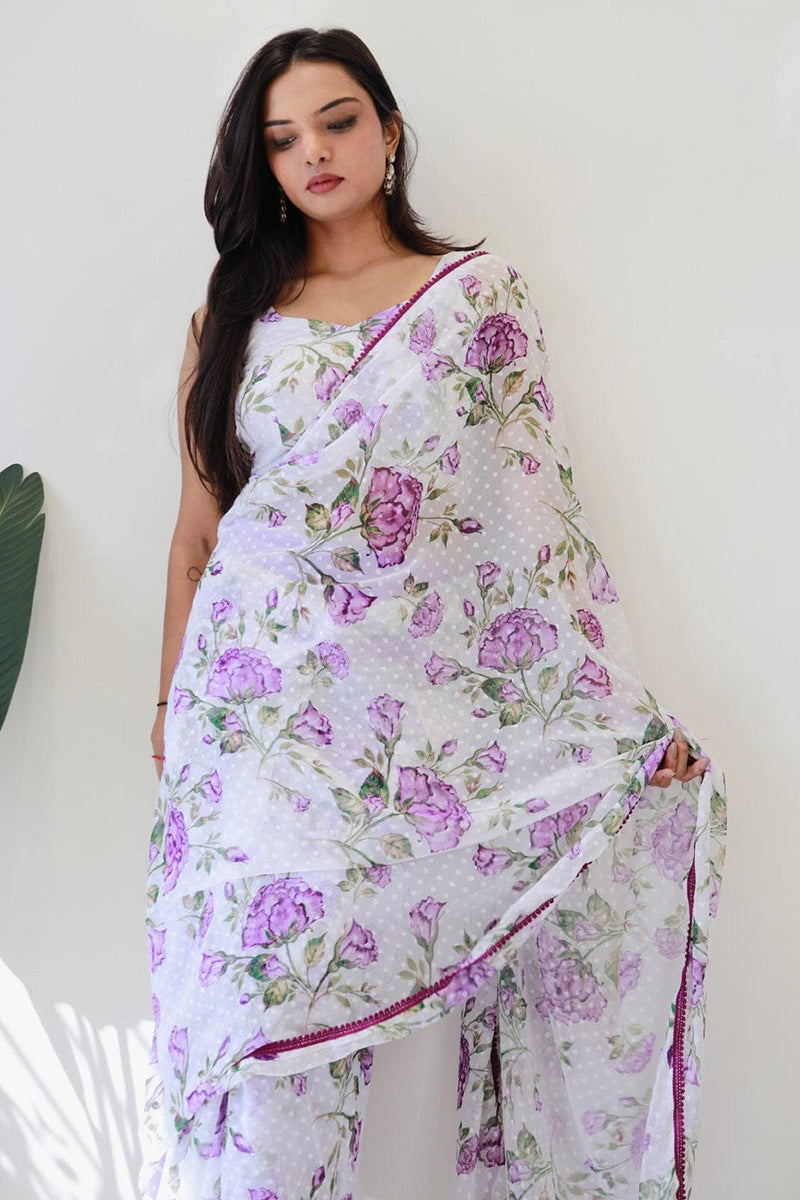 Wonderful 1 Minute Ready To Wear White Georgette Floral Digital Printed Saree