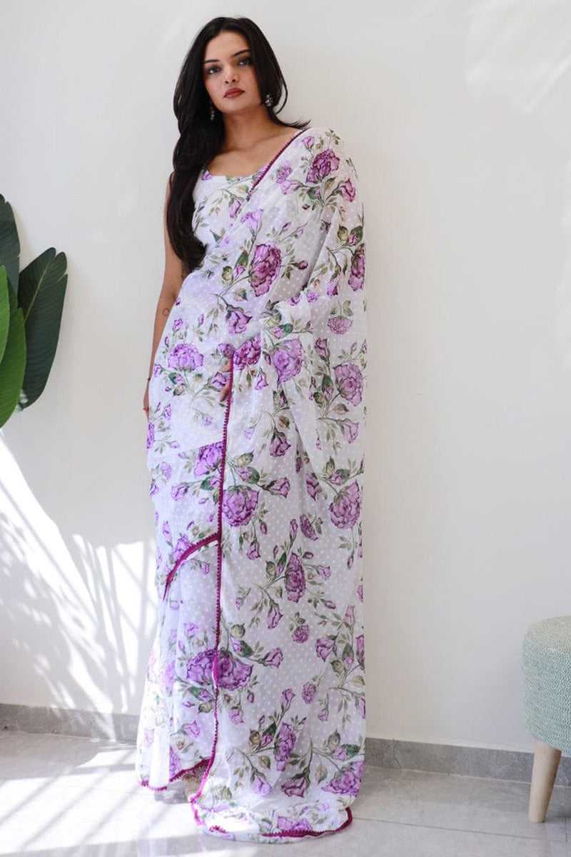 Wonderful 1 Minute Ready To Wear White Georgette Floral Digital Printed Saree
