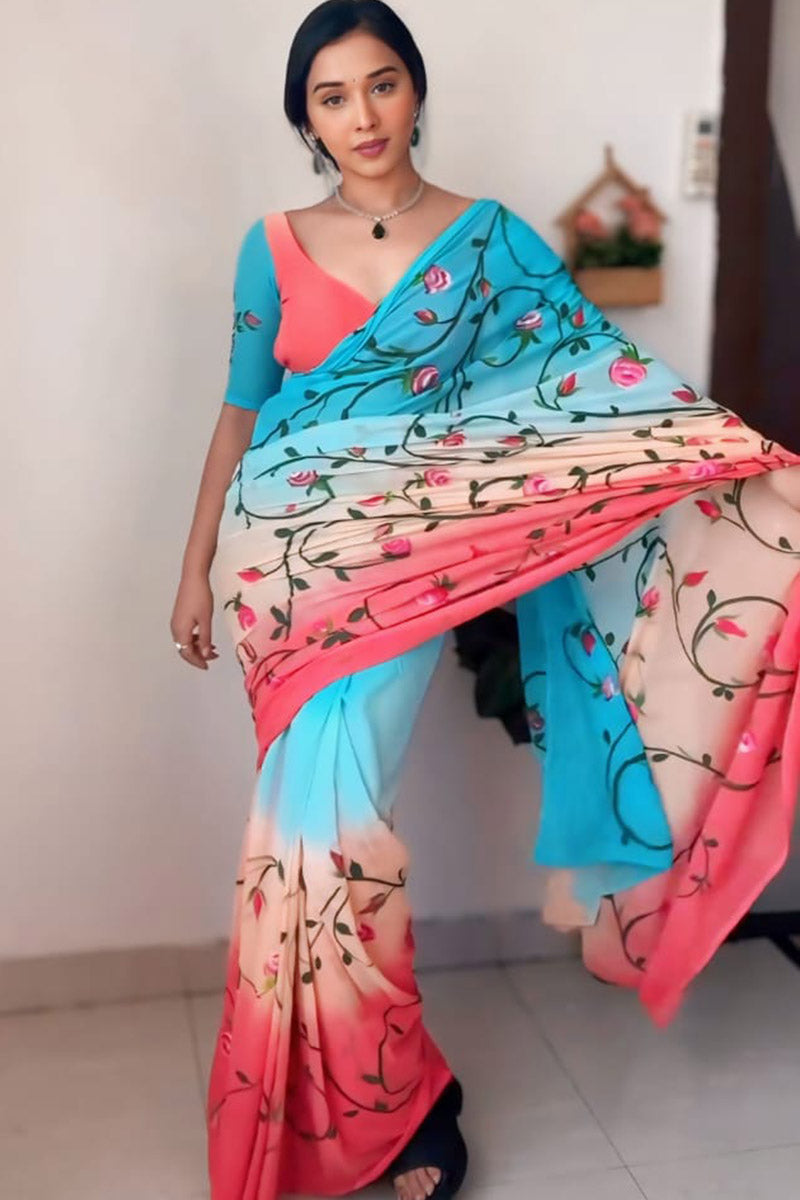 Deserving 1 Minute Ready To Wear Blue Georgette Floral Digital Print Saree
