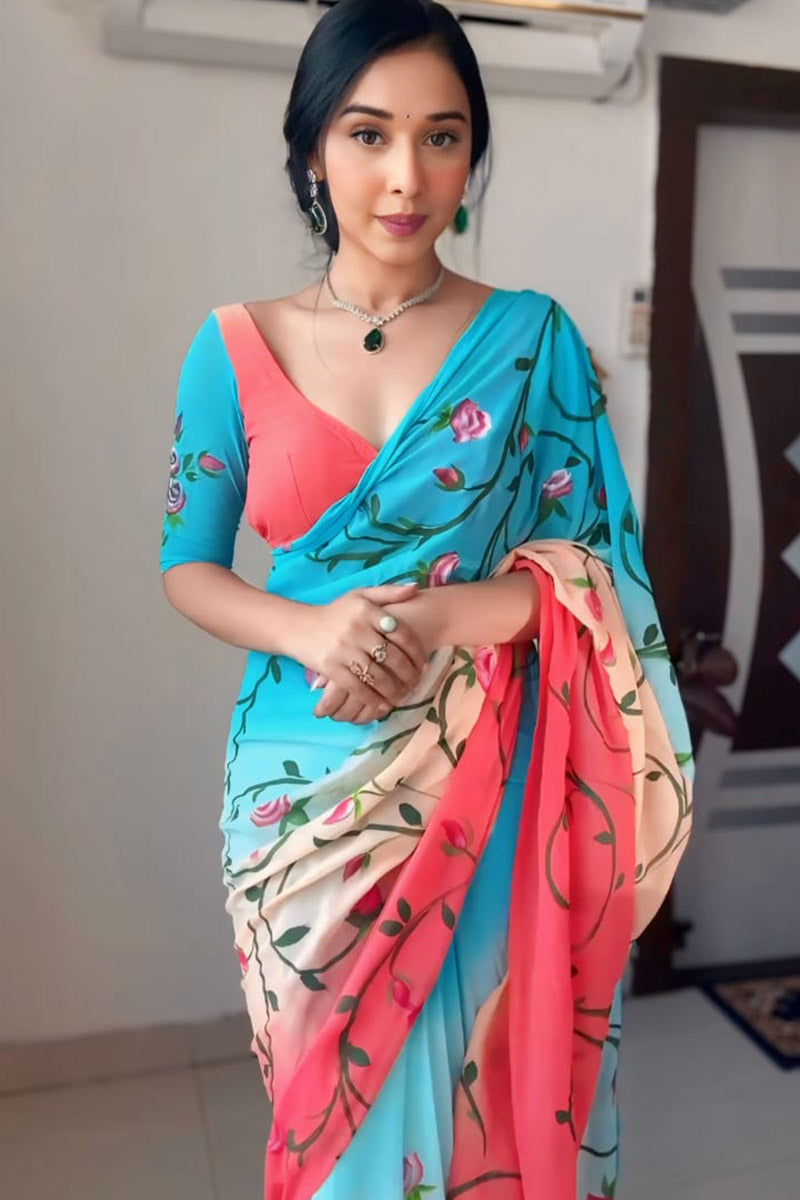 Deserving 1 Minute Ready To Wear Blue Georgette Floral Digital Print Saree