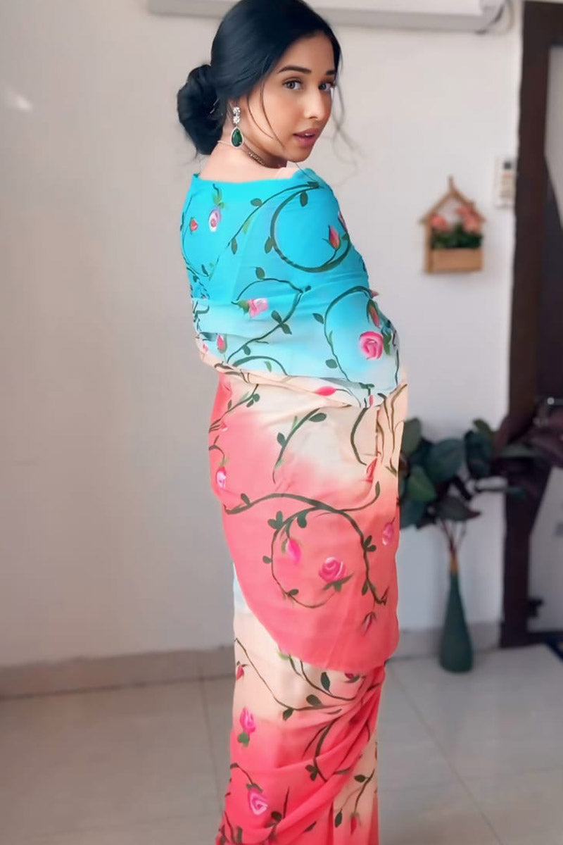 Deserving 1 Minute Ready To Wear Blue Georgette Floral Digital Print Saree