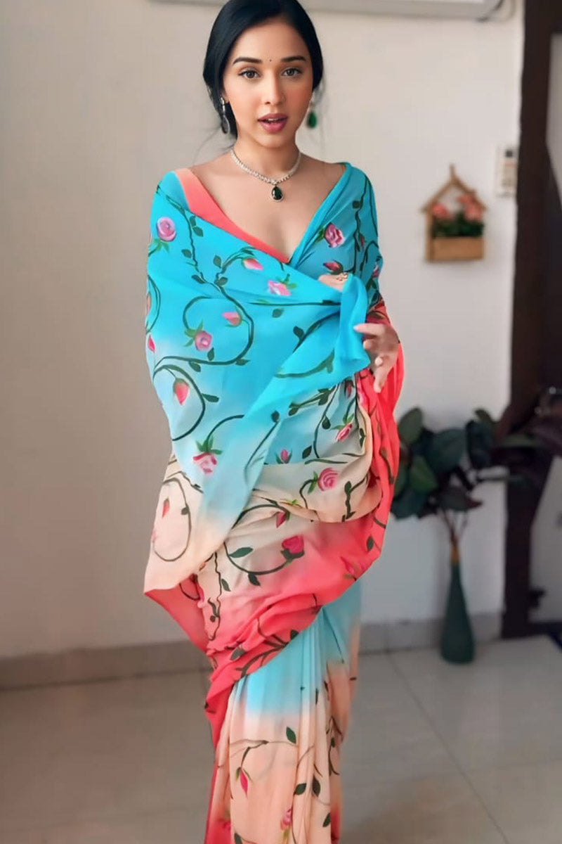 Deserving 1 Minute Ready To Wear Blue Georgette Floral Digital Print Saree