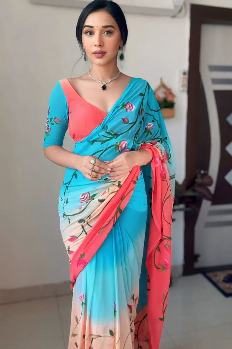 Deserving 1 Minute Ready To Wear Blue Georgette Floral Digital Print Saree