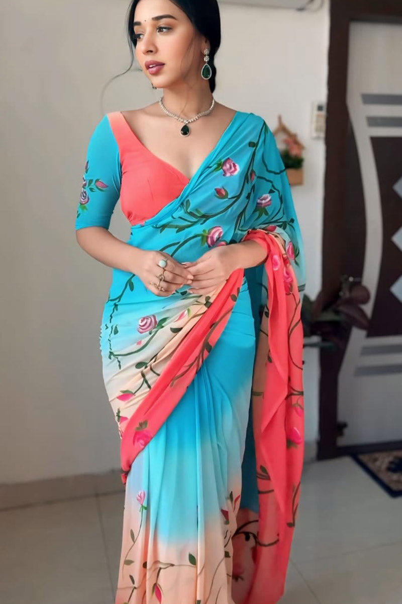 Deserving 1 Minute Ready To Wear Blue Georgette Floral Digital Print Saree