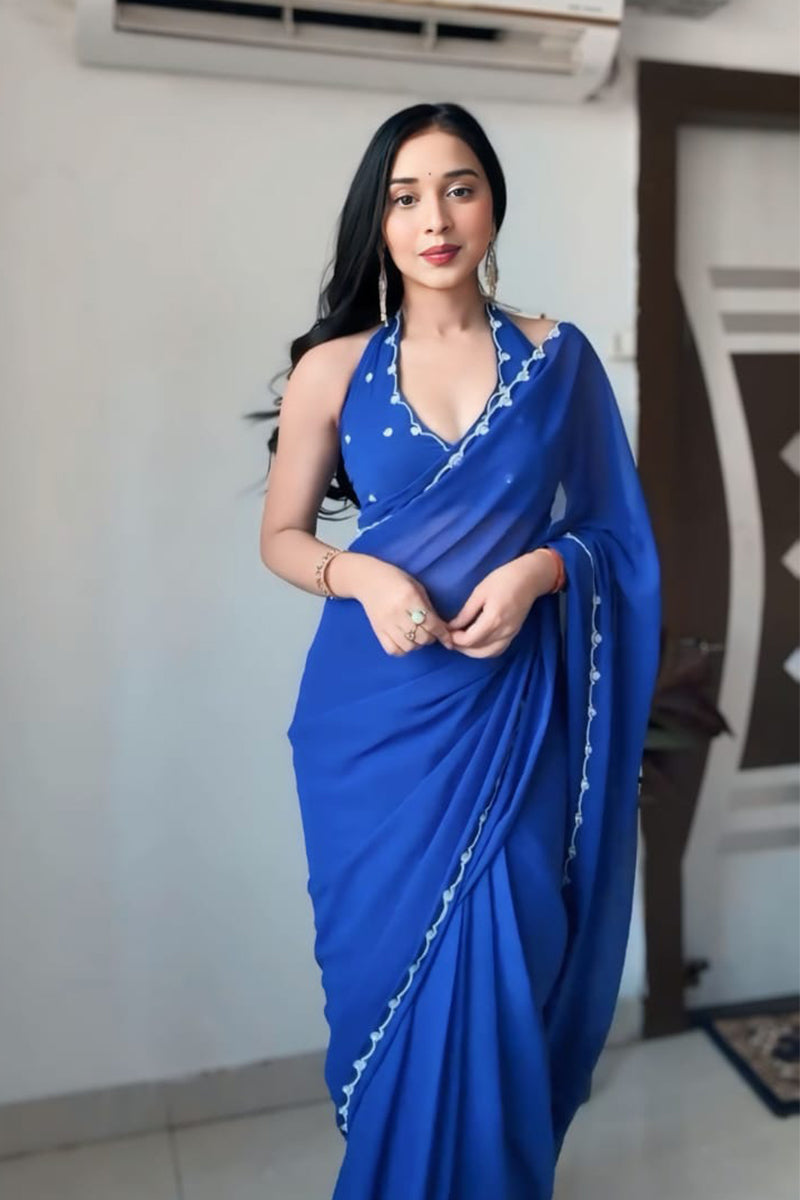 Eye-catching 1 Minute Ready To Wear Blue Georgette Hand Work Saree
