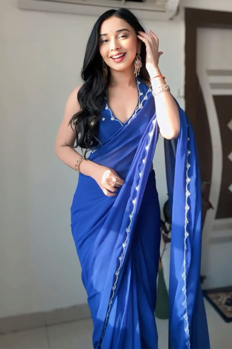 Eye-catching 1 Minute Ready To Wear Blue Georgette Hand Work Saree