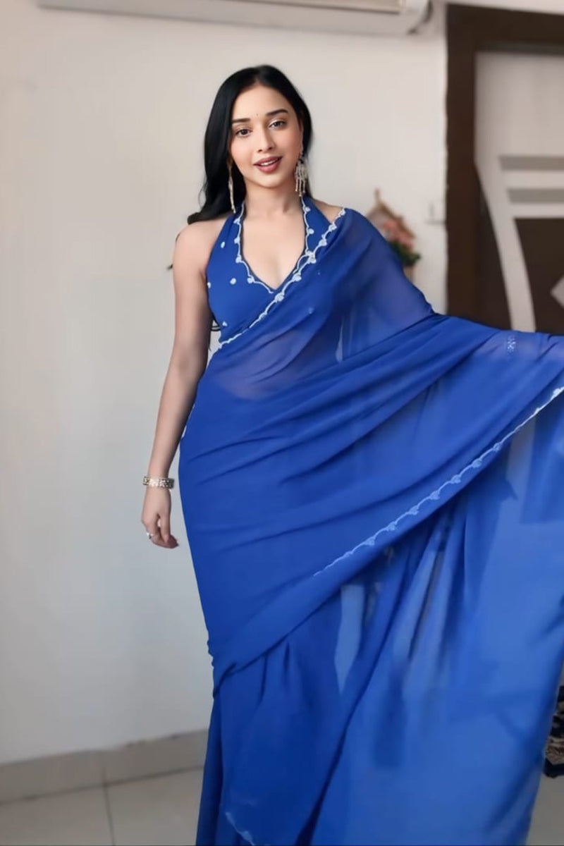 Eye-catching 1 Minute Ready To Wear Blue Georgette Hand Work Saree