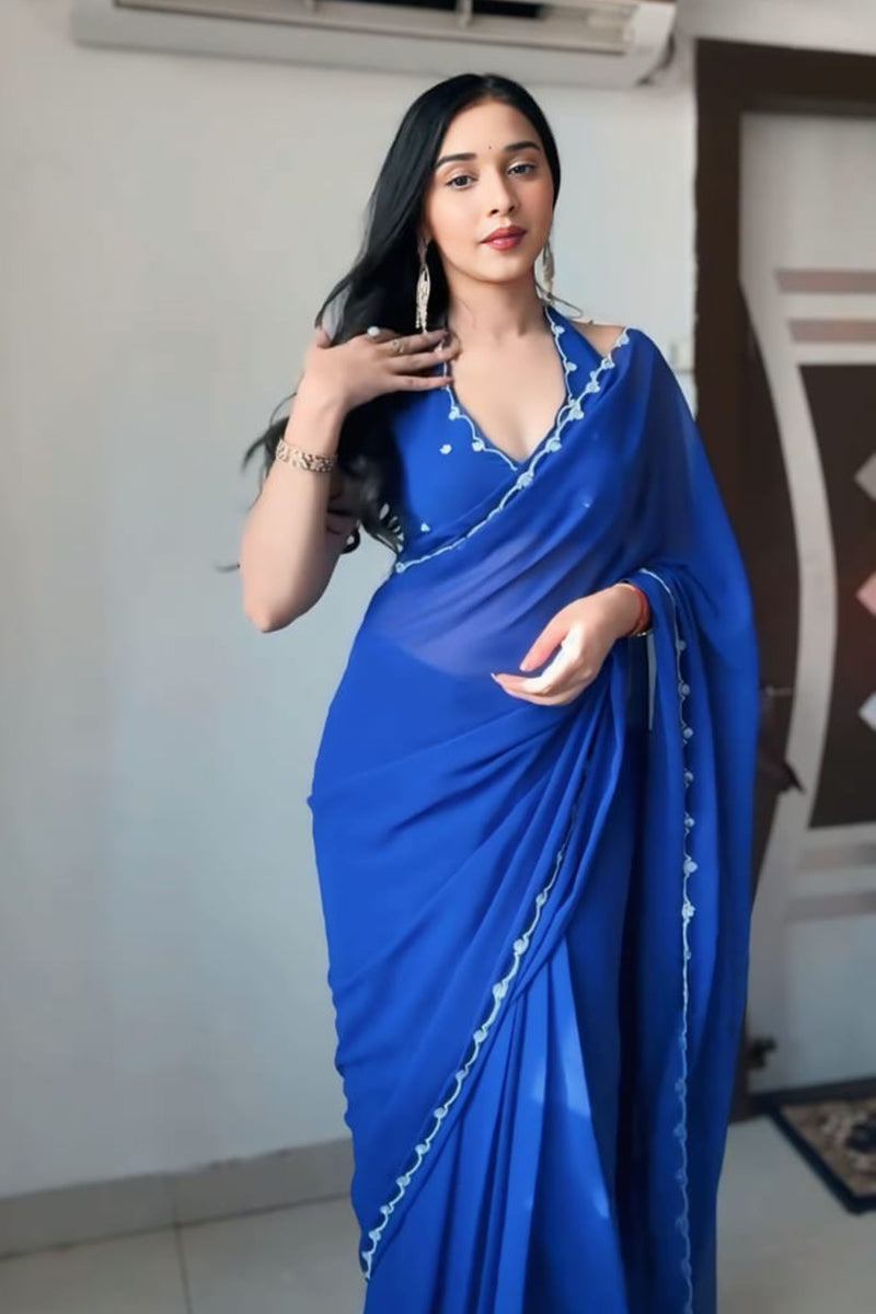Eye-catching 1 Minute Ready To Wear Blue Georgette Hand Work Saree