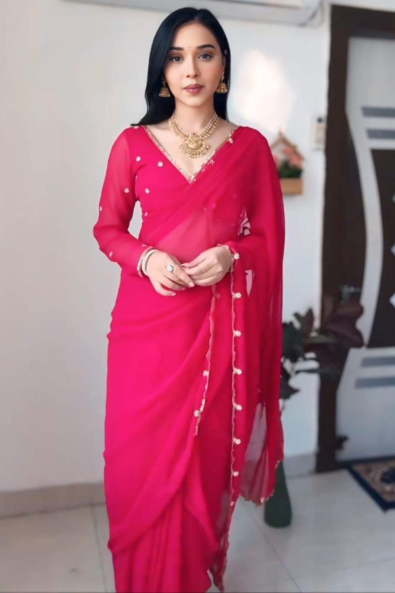 Sumptuous 1 Minute Ready To Wear Rani Pink Georgette Hand Work Saree