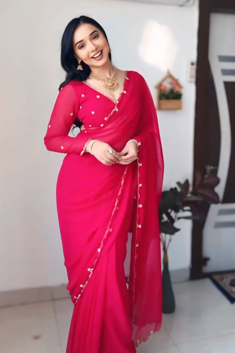 Sumptuous 1 Minute Ready To Wear Rani Pink Georgette Hand Work Saree