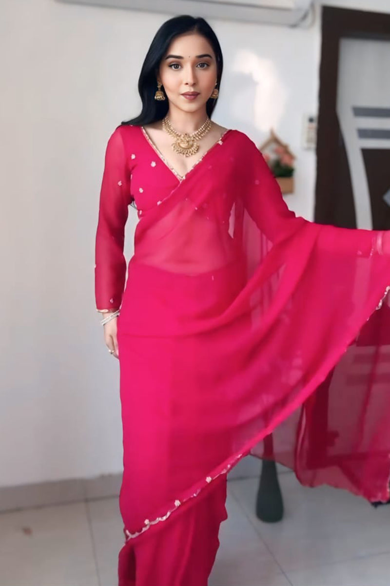 Sumptuous 1 Minute Ready To Wear Rani Pink Georgette Hand Work Saree