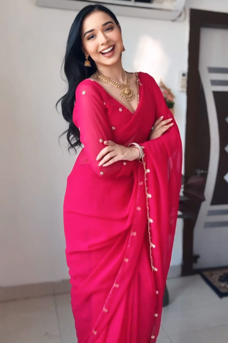 Sumptuous 1 Minute Ready To Wear Rani Pink Georgette Hand Work Saree