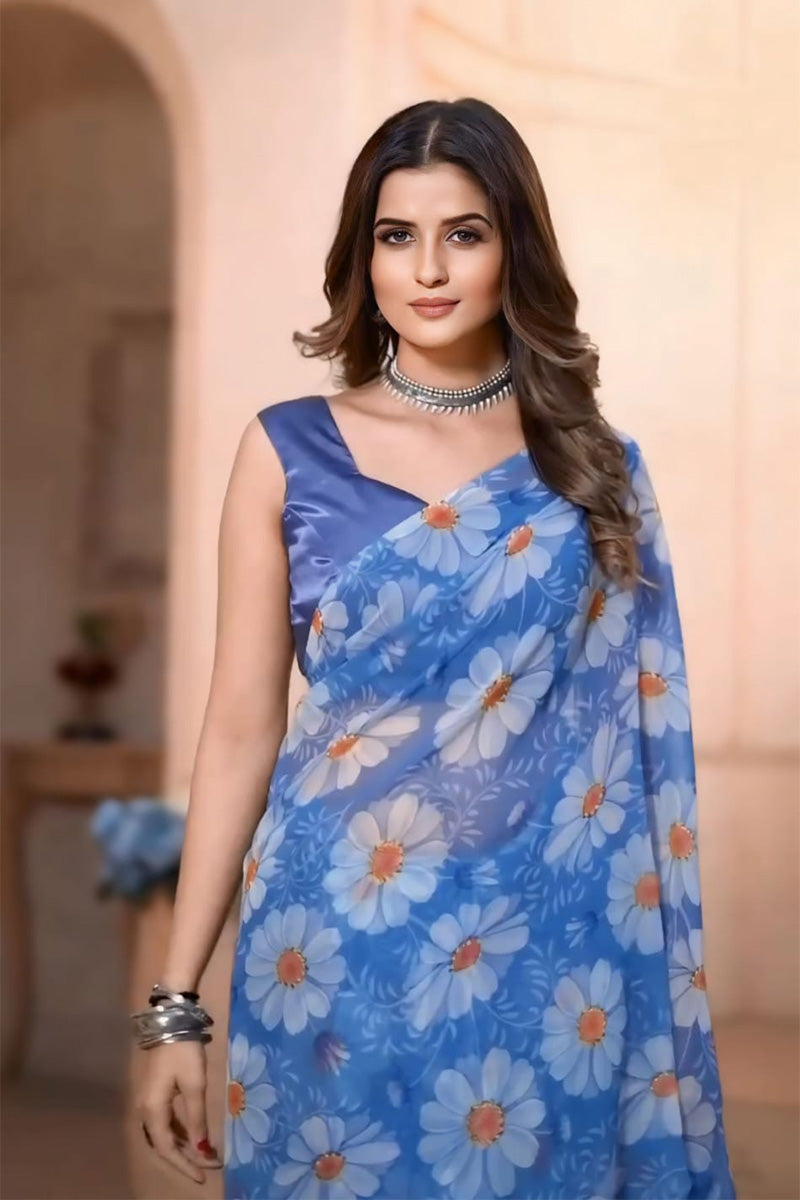 Angelic 1 Minute Ready To Wear Blue Georgette Floral Digital Print Saree