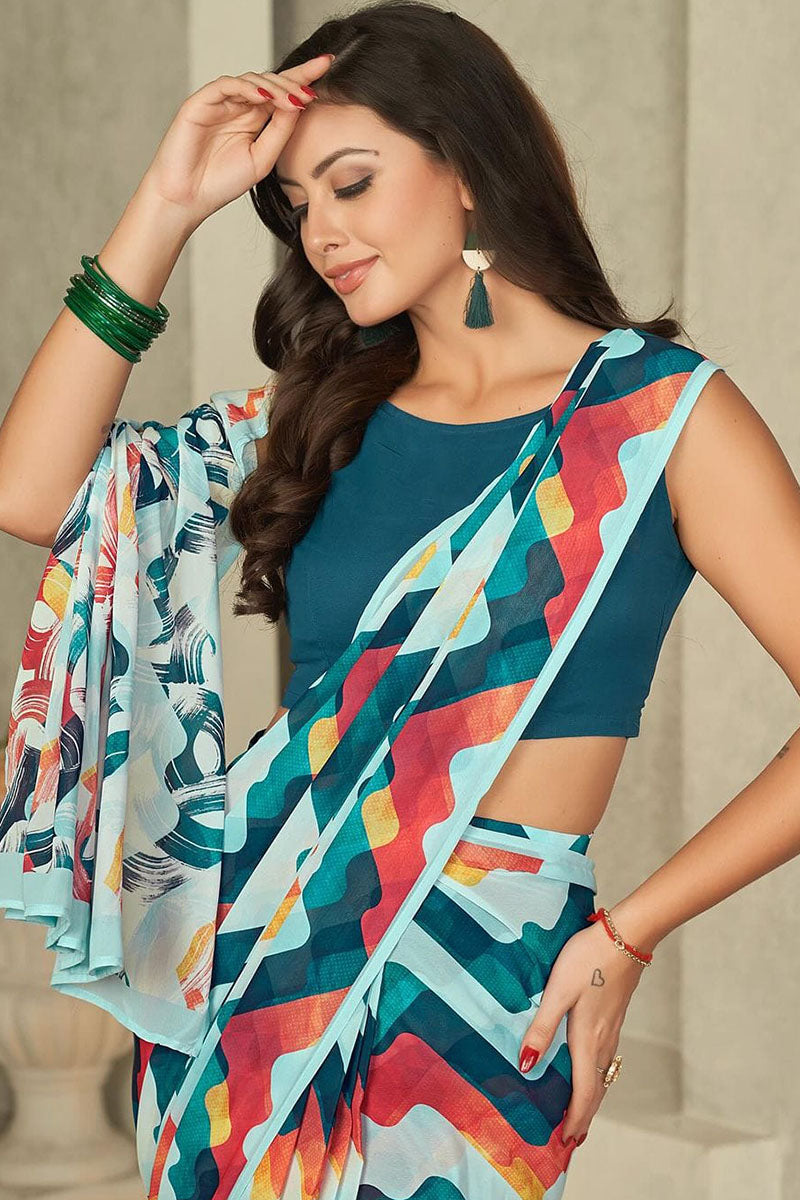 Exceptional 1 Minute Ready To Wear Multi Color Georgette Digital Print Saree