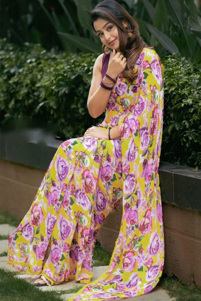 Desuetude 1 Minute Ready To Wear Yellow Georgette Floral Digital Printed Saree