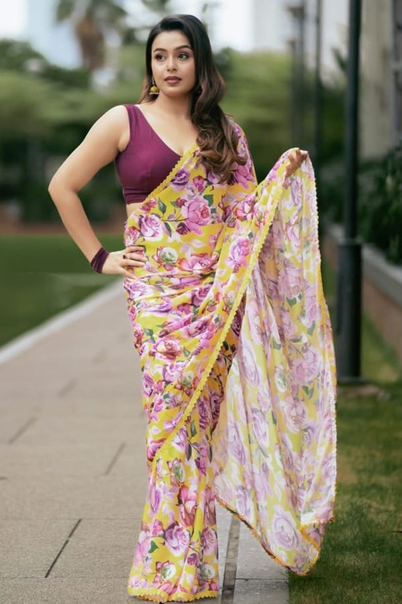 Desuetude 1 Minute Ready To Wear Yellow Georgette Floral Digital Printed Saree