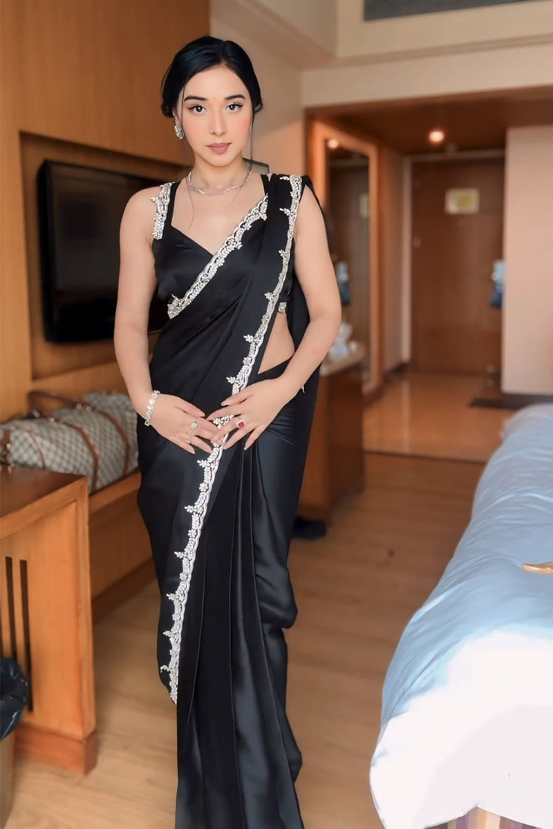 Pretty 1 Minute Ready To Wear Black Satin Silk Hand Work Saree