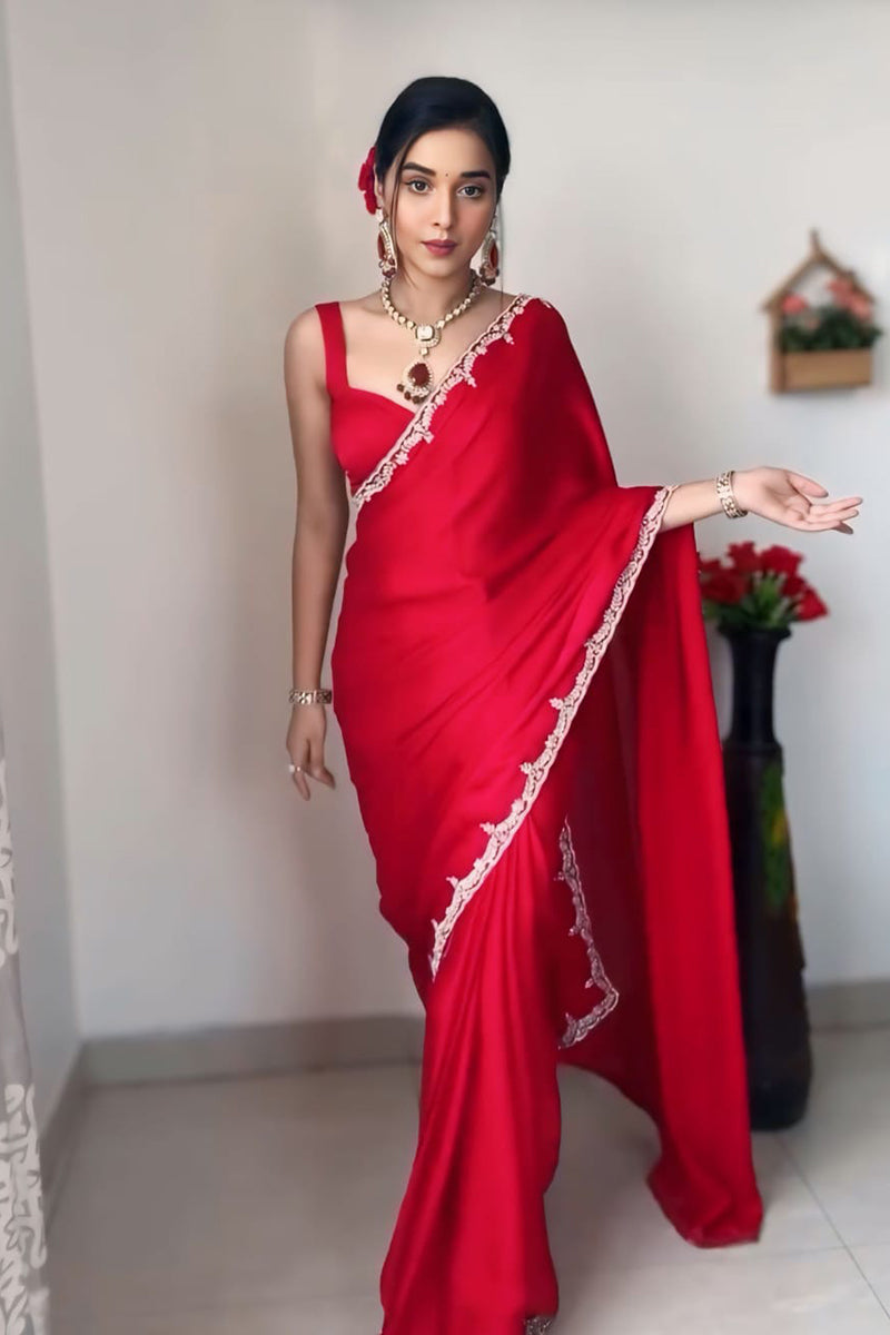 Smashing 1 Minute Ready To Wear Red Satin Silk Hand Work Saree