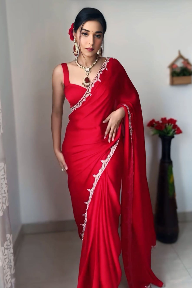 Smashing 1 Minute Ready To Wear Red Satin Silk Hand Work Saree