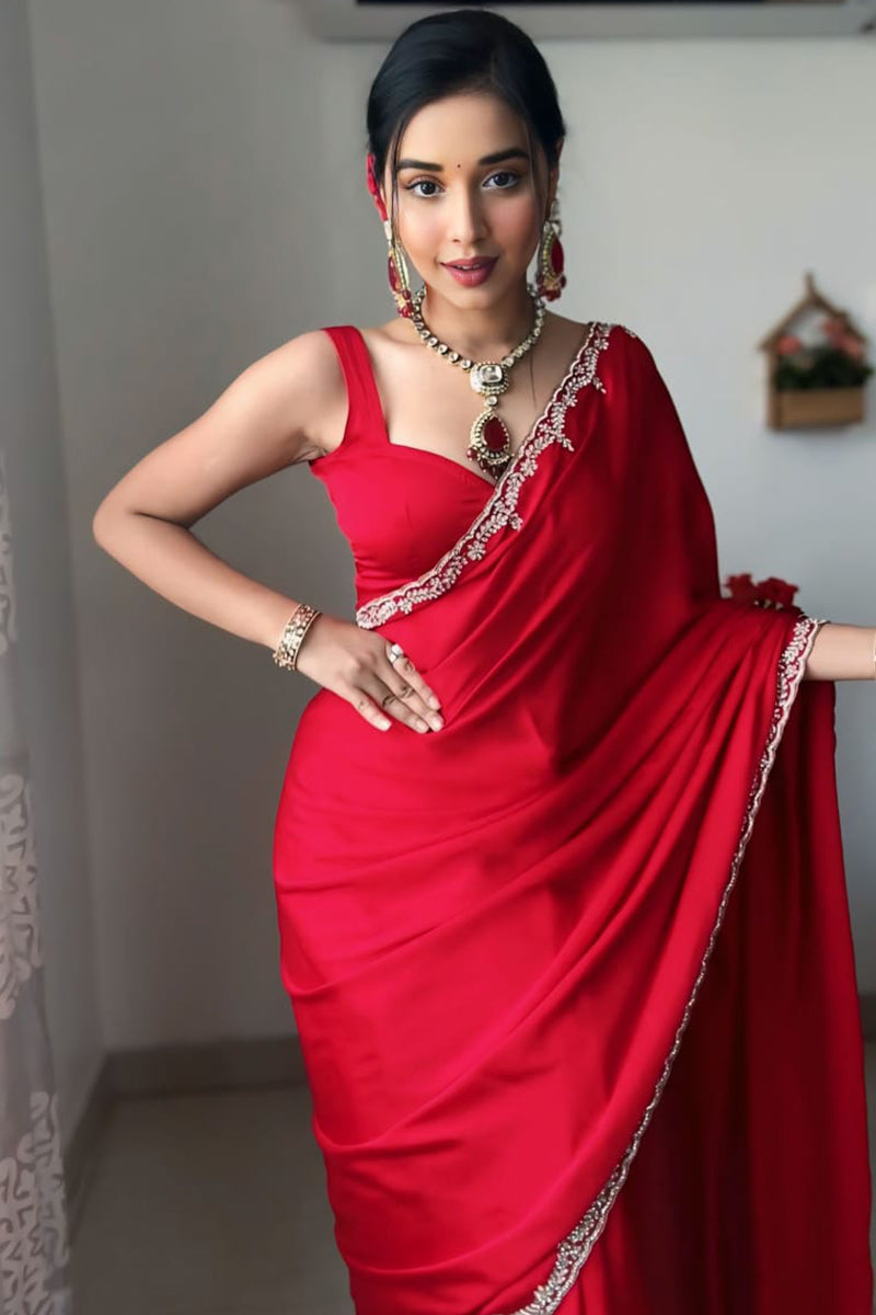 Smashing 1 Minute Ready To Wear Red Satin Silk Hand Work Saree