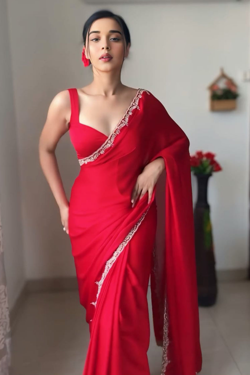Smashing 1 Minute Ready To Wear Red Satin Silk Hand Work Saree