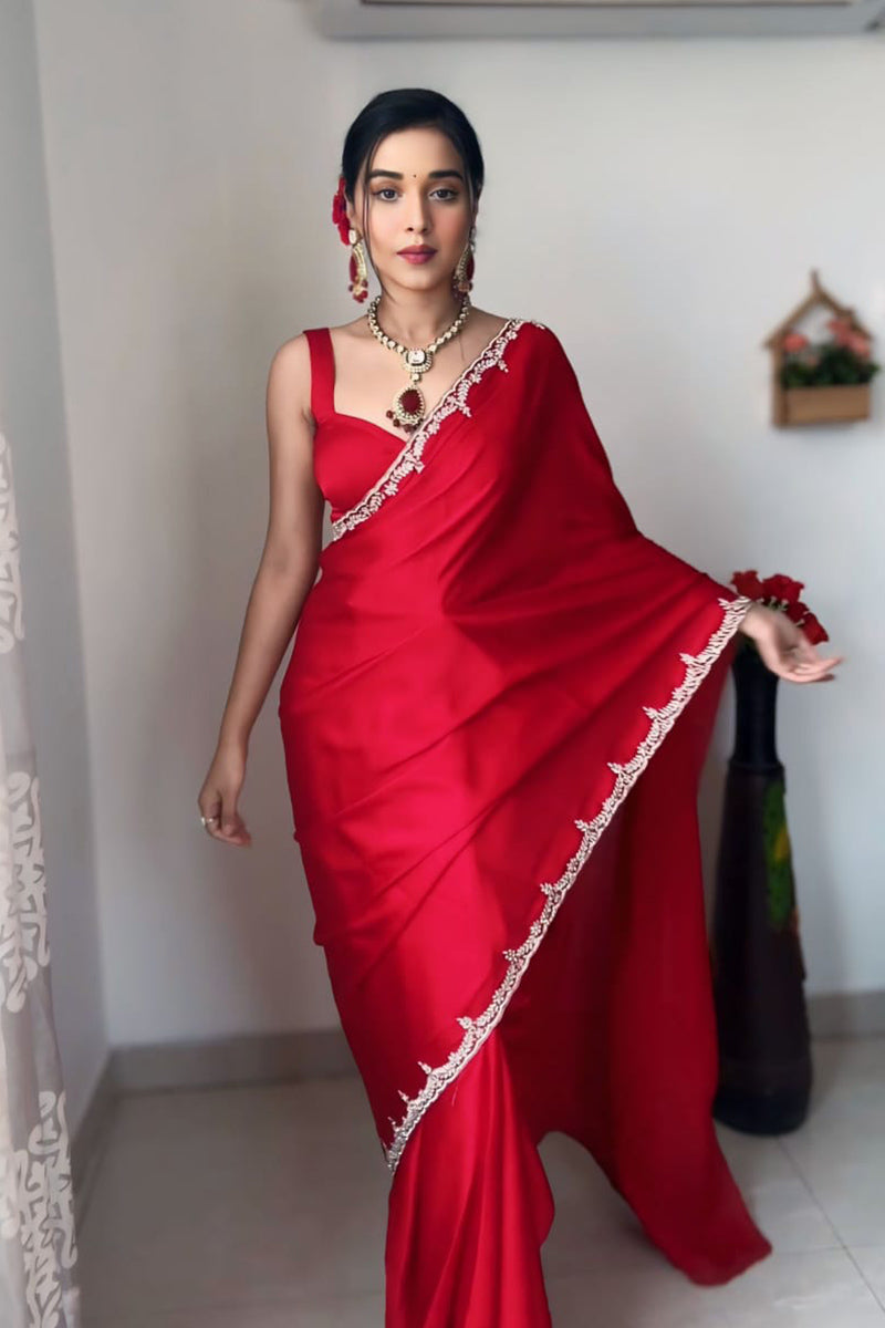 Smashing 1 Minute Ready To Wear Red Satin Silk Hand Work Saree