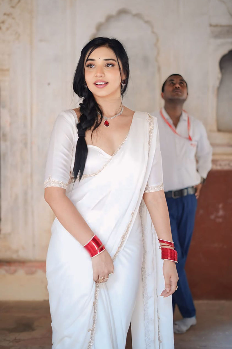 An insanely 1 Minute Ready To Wear White Satin Silk Hand Work Saree