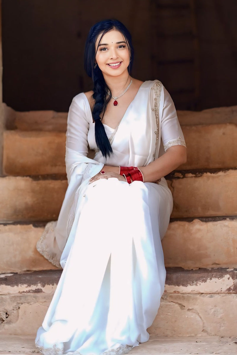 An insanely 1 Minute Ready To Wear White Satin Silk Hand Work Saree