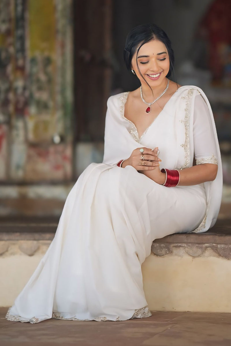 An insanely 1 Minute Ready To Wear White Satin Silk Hand Work Saree