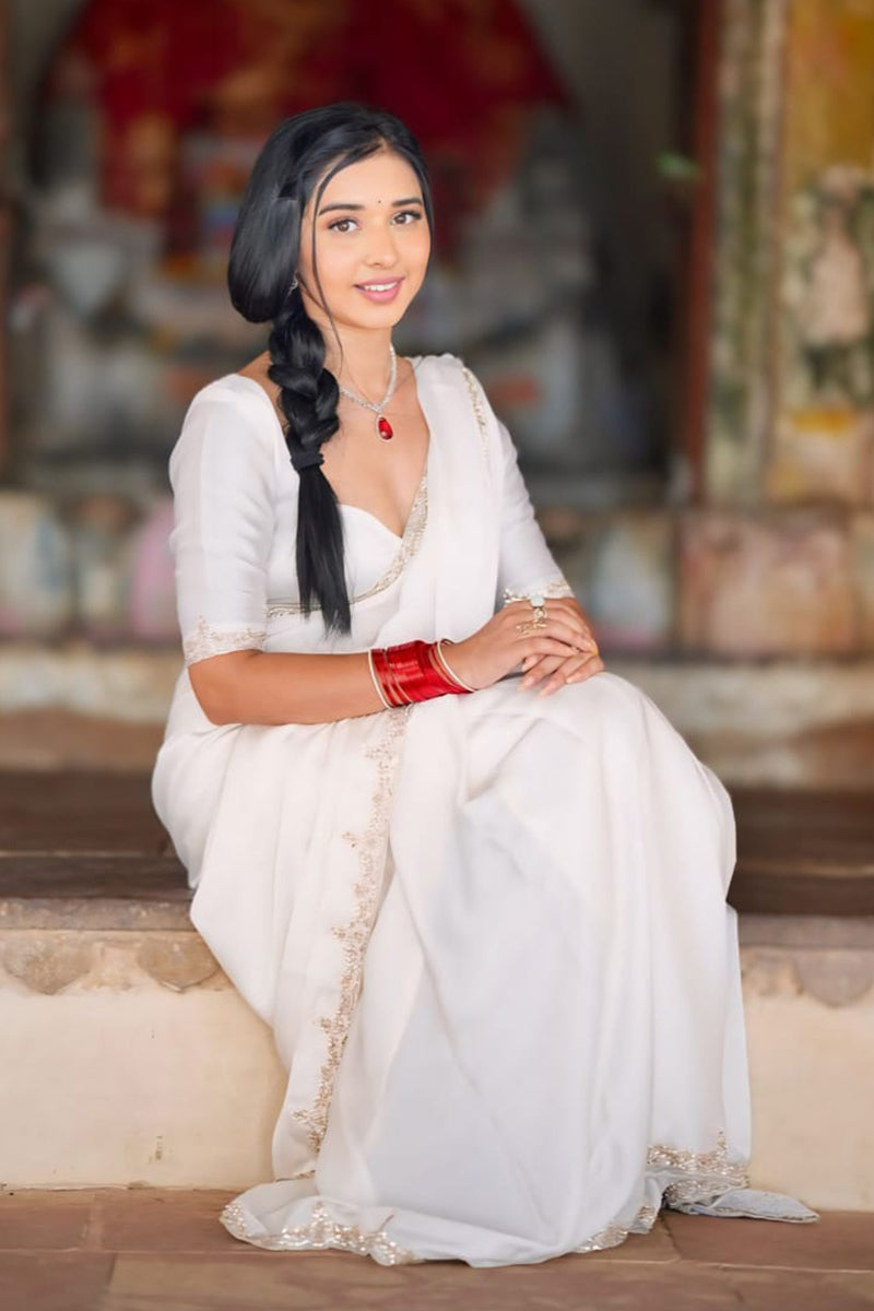 An insanely 1 Minute Ready To Wear White Satin Silk Hand Work Saree