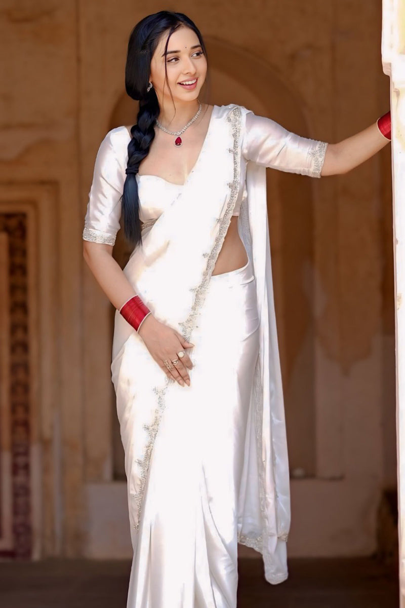 An insanely 1 Minute Ready To Wear White Satin Silk Hand Work Saree