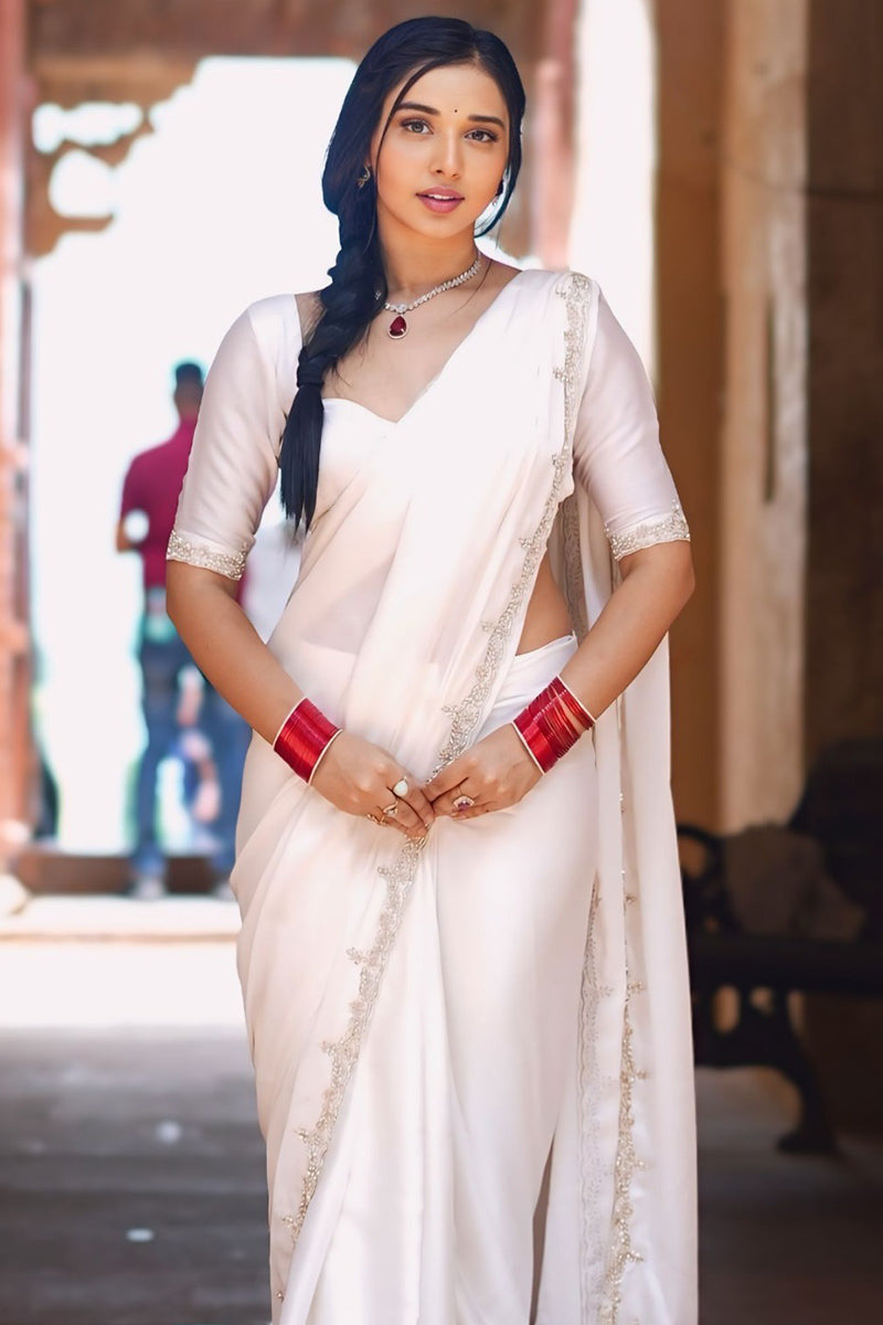 An insanely 1 Minute Ready To Wear White Satin Silk Hand Work Saree
