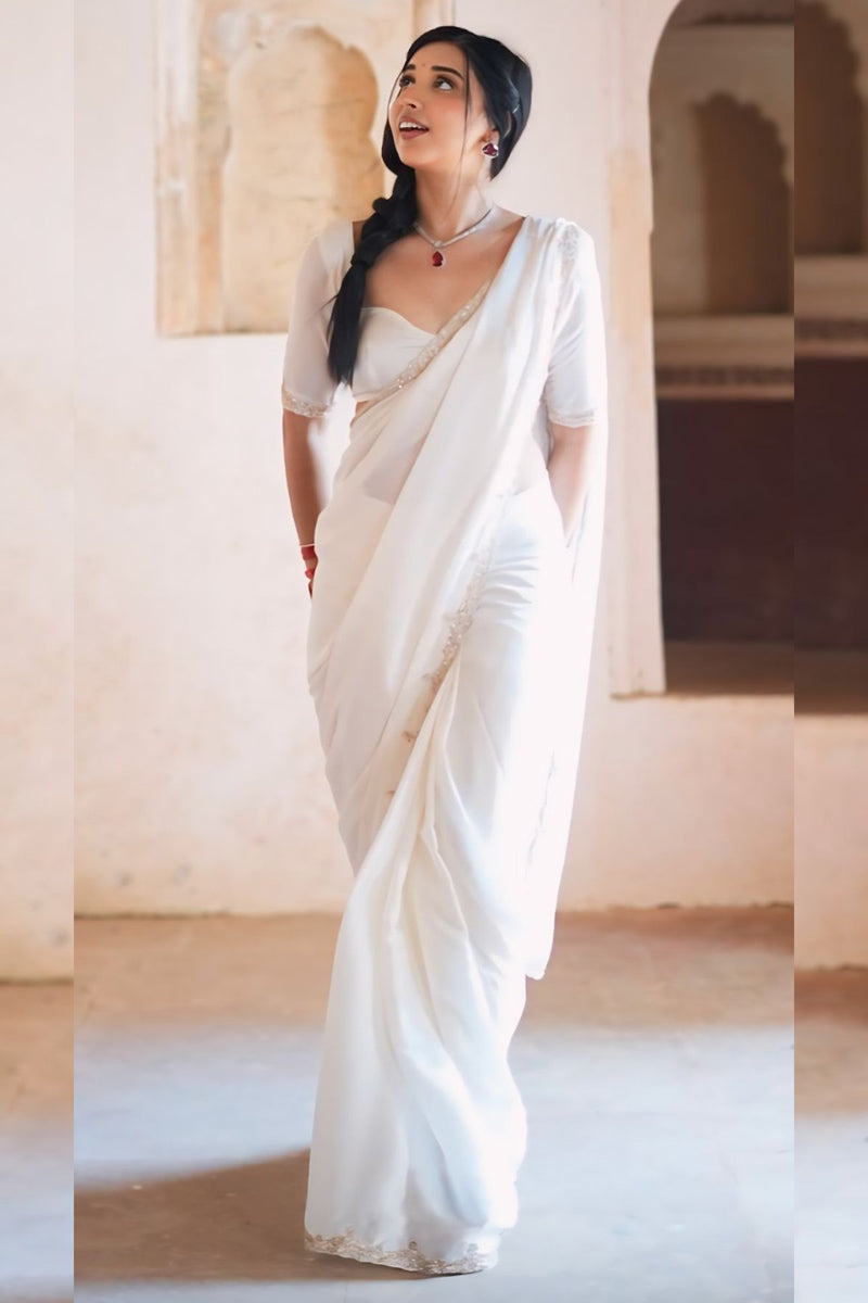 An insanely 1 Minute Ready To Wear White Satin Silk Hand Work Saree
