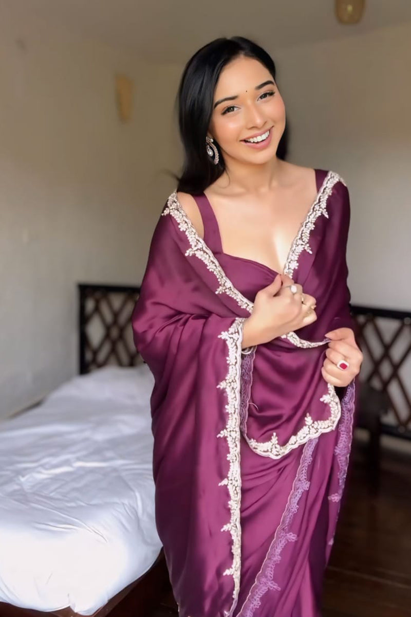 Divine 1 Minute Ready To Wear Wine Satin Silk Hand Work Saree