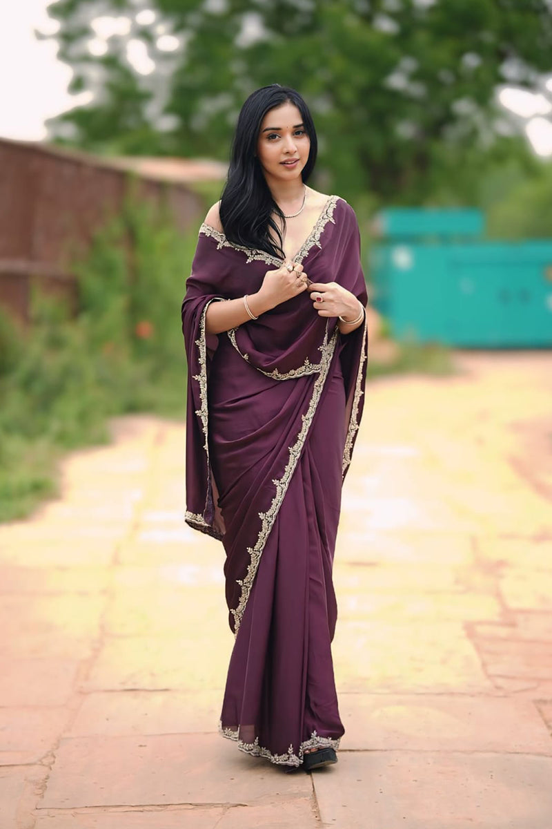 Divine 1 Minute Ready To Wear Wine Satin Silk Hand Work Saree