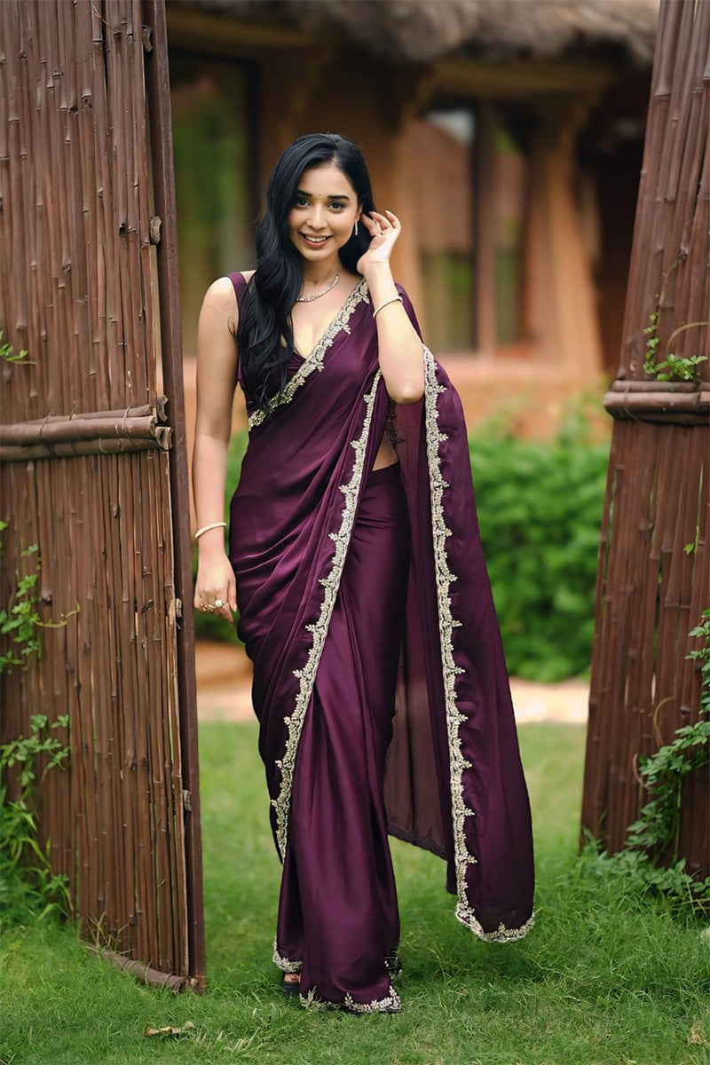 Divine 1 Minute Ready To Wear Wine Satin Silk Hand Work Saree