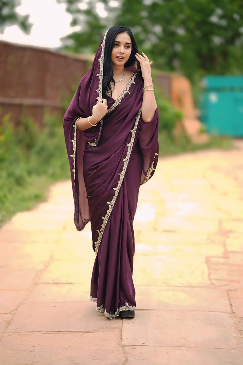 Divine 1 Minute Ready To Wear Wine Satin Silk Hand Work Saree