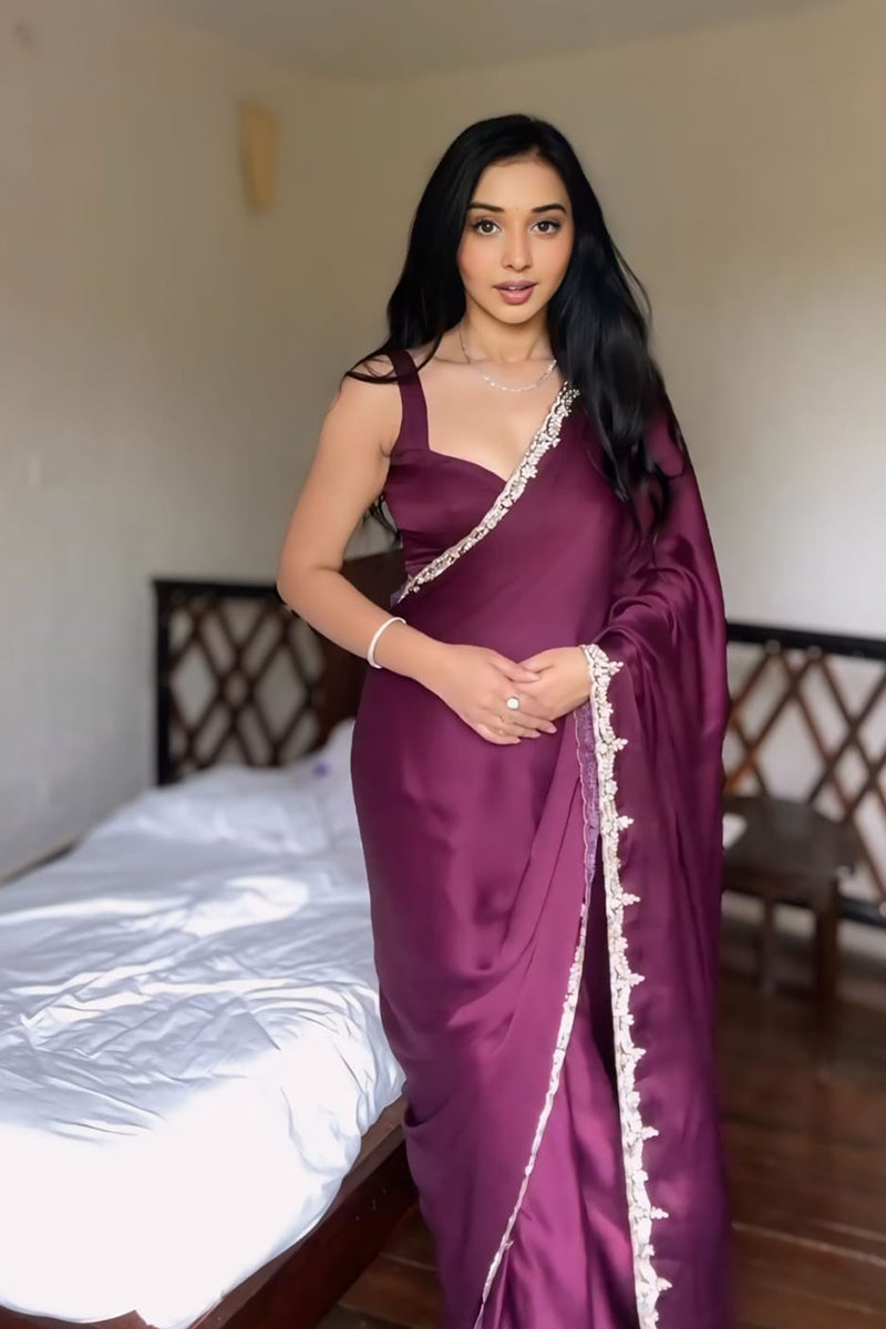 Divine 1 Minute Ready To Wear Wine Satin Silk Hand Work Saree