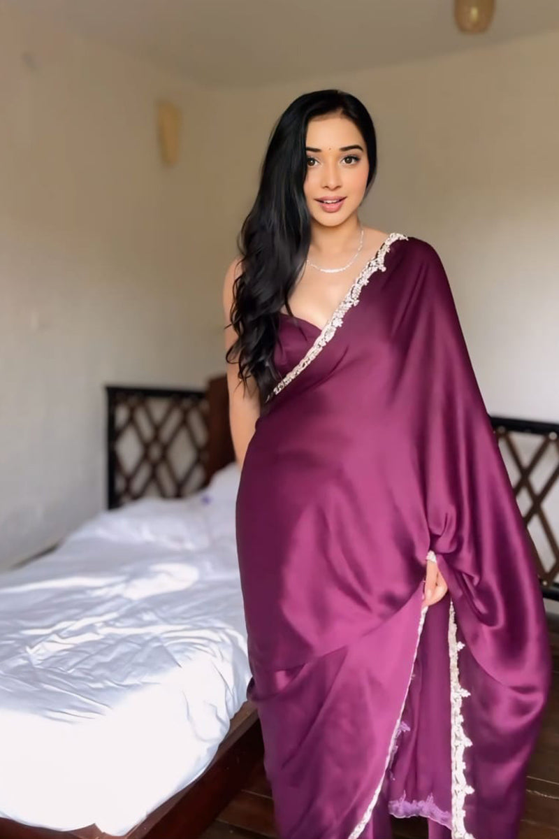Divine 1 Minute Ready To Wear Wine Satin Silk Hand Work Saree