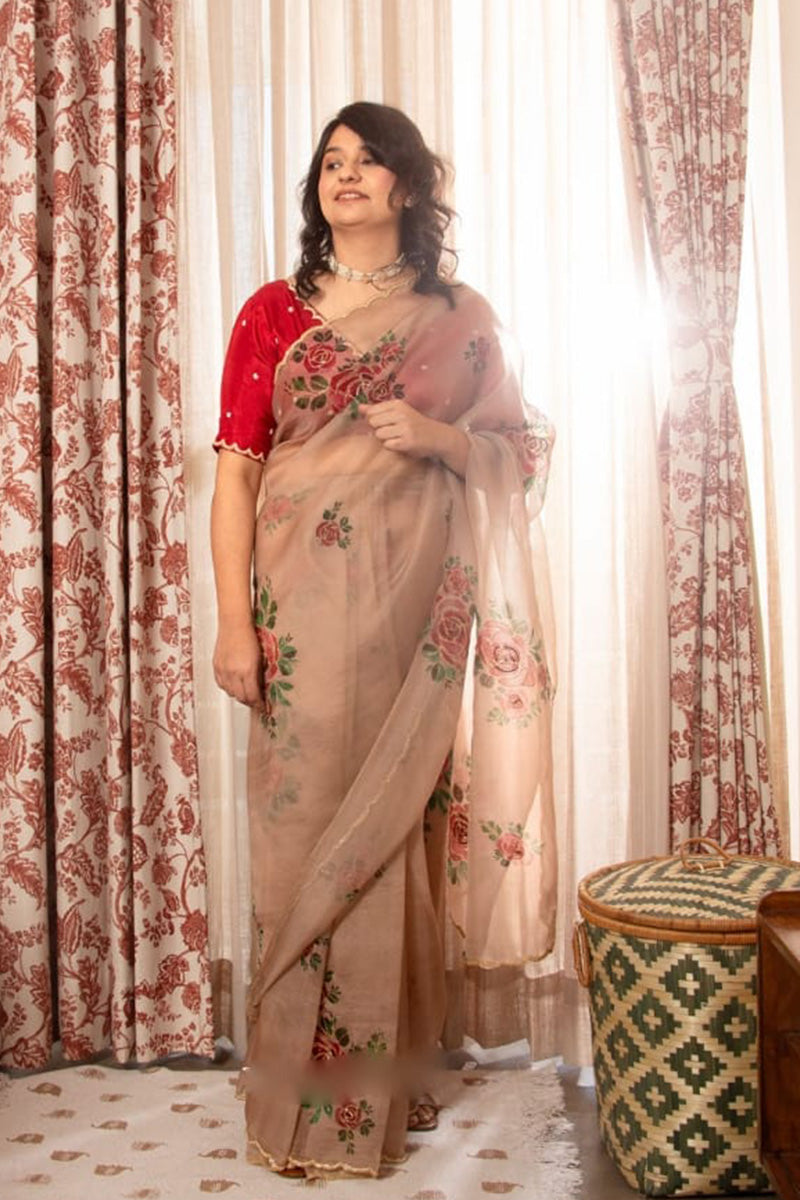 Evanescent 1 Minute Ready To Wear Brown Organza Saree