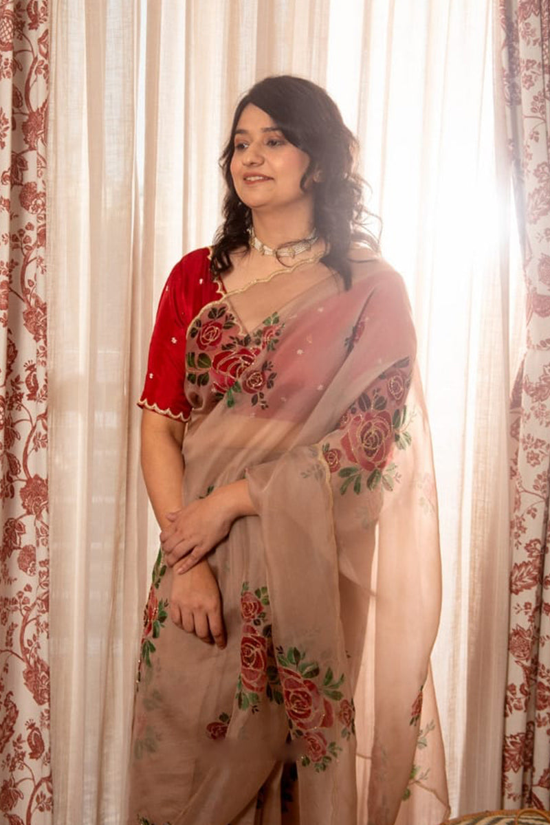 Evanescent 1 Minute Ready To Wear Brown Organza Saree