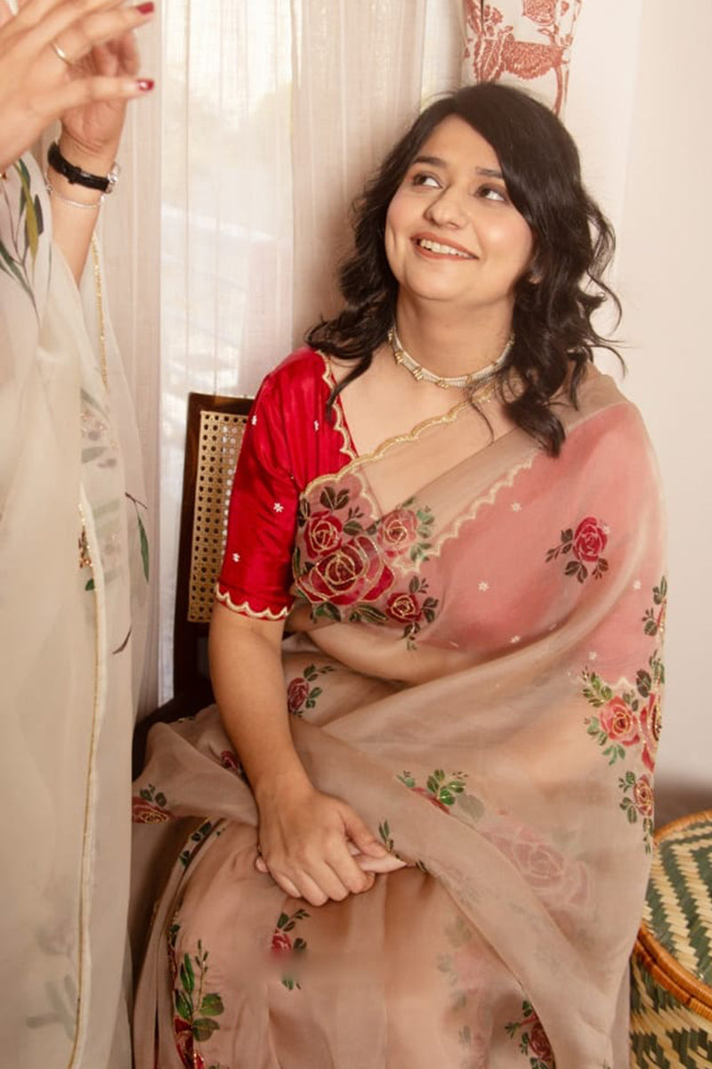 Evanescent 1 Minute Ready To Wear Brown Organza Saree