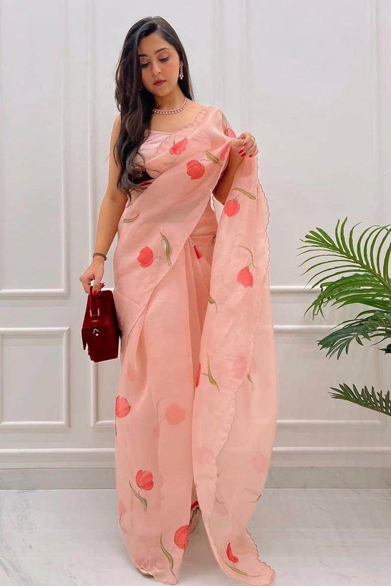 Invaluable 1 Minute Ready To Wear Peach Organza Saree