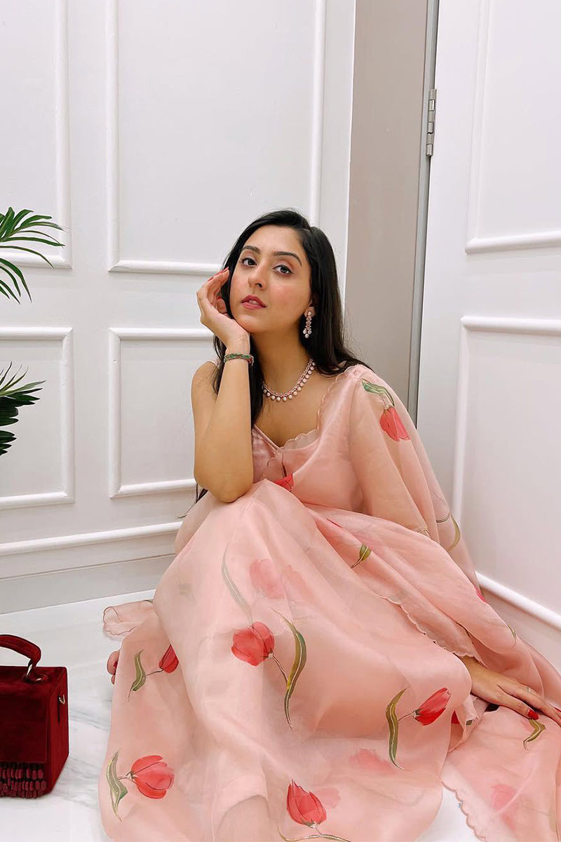 Invaluable 1 Minute Ready To Wear Peach Organza Saree