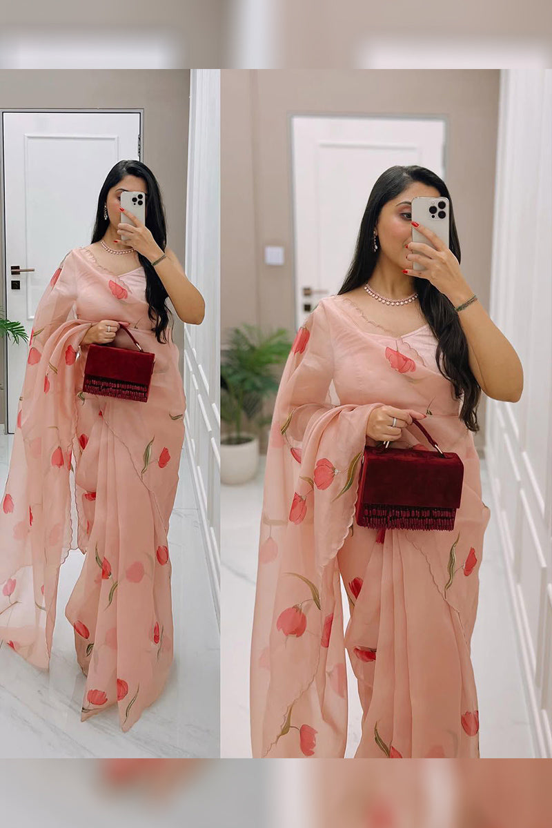 Invaluable 1 Minute Ready To Wear Peach Organza Saree