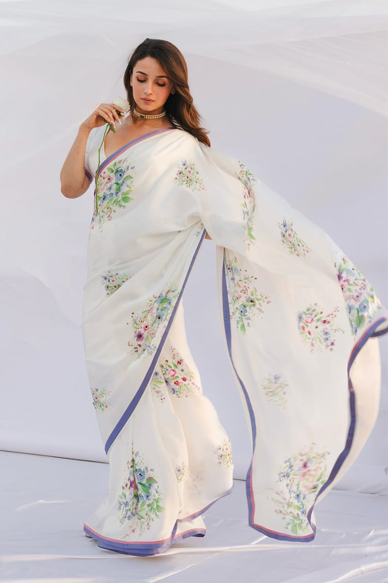Murmurous 1 Minute Ready To Wear White Satin Silk Saree