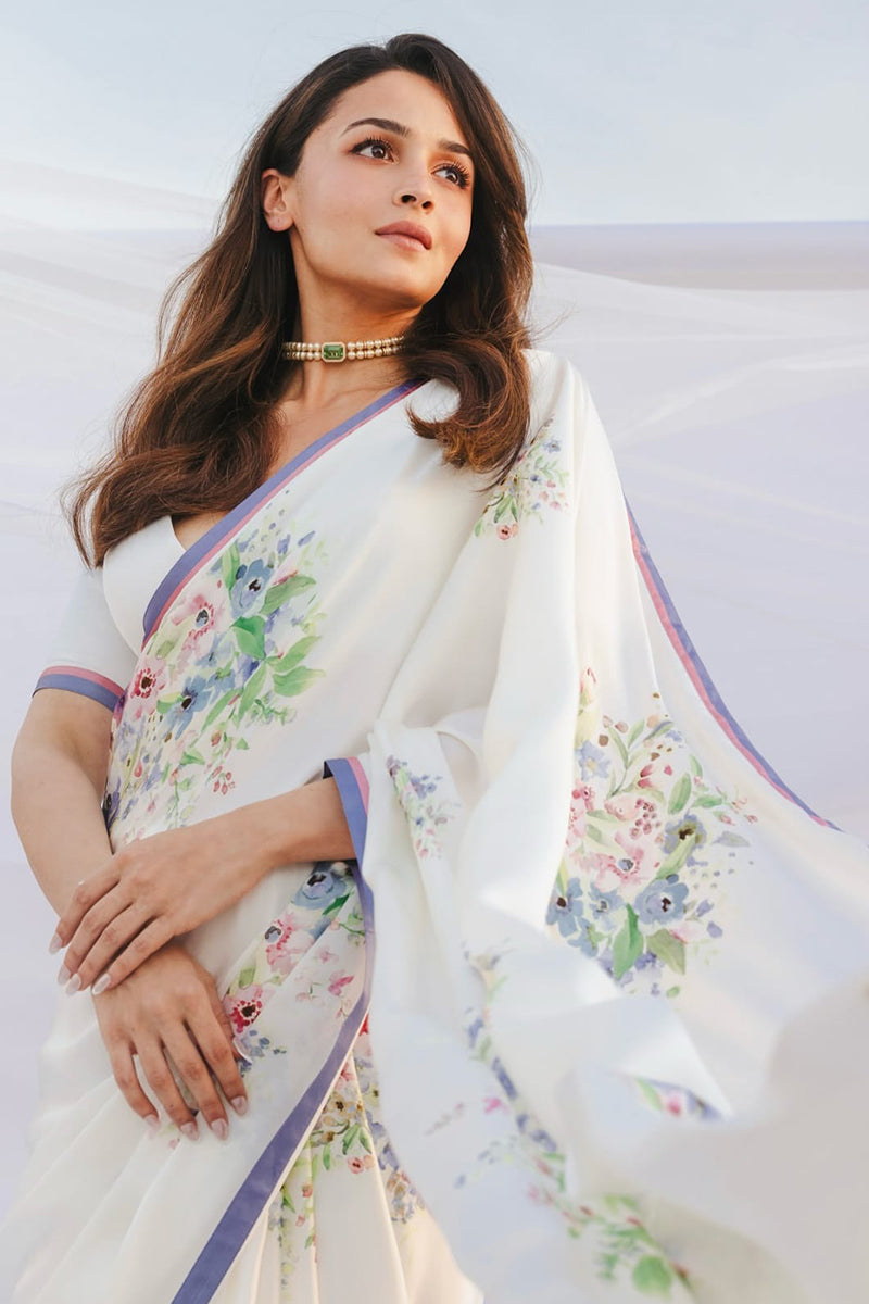 Murmurous 1 Minute Ready To Wear White Satin Silk Saree